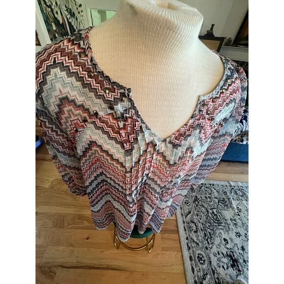 EYESHADOW PATTERENED SHEERV NECK BLOUSE WOMENS PLUS SIZE 1X - Picture 9 of 10